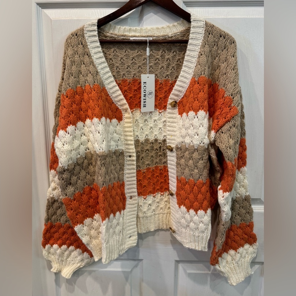 Ecowish Chunky Knit Cardigan Tan, Orange, Cream Stretchy Women’s Size XL - Picture 3 of 9